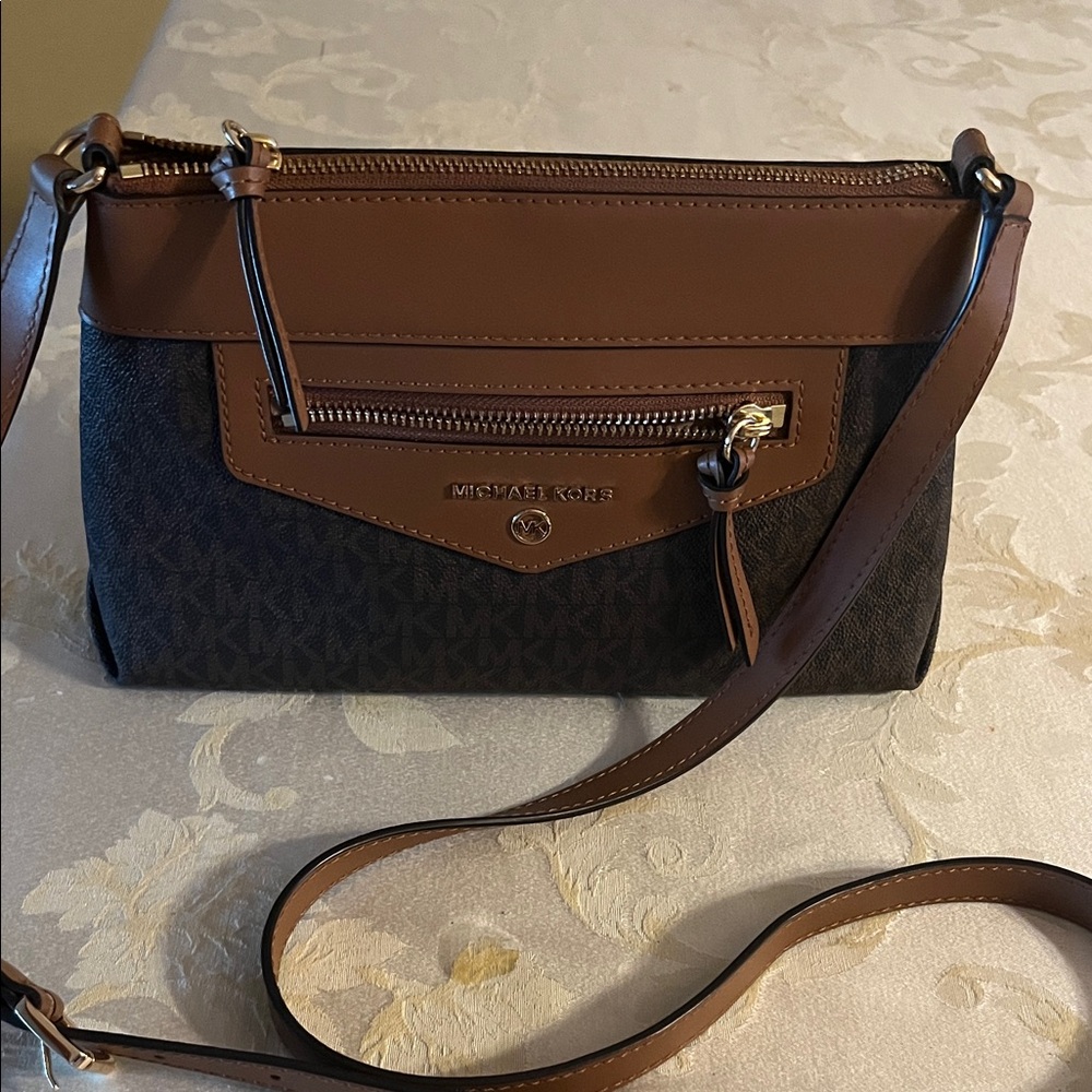 Michael Kors Warren Brown and Dark Brown Logo Crossbody Bag 10”X7” strap 24”